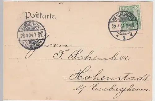 (58296) Postkarte DR v. D. Reiffel Nachf., Stempel Heidelberg 1904