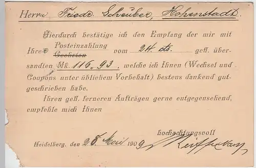 (58293) Postkarte DR v. D. Reiffel Nachf., Stempel Heidelberg 1909