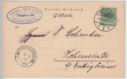 (58289) Postkarte Dt. Reichspost v. Carl Jeitter, Stempel Heidelberg 1899