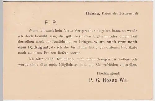 (58283) Postkarte DR v. P.G. Hosse Wb., Stempel Hanau 1909
