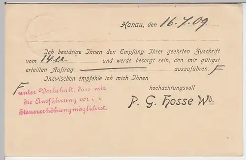 (58282) Postkarte DR v. P.G. Hosse Wb., Stempel Hanau 1909