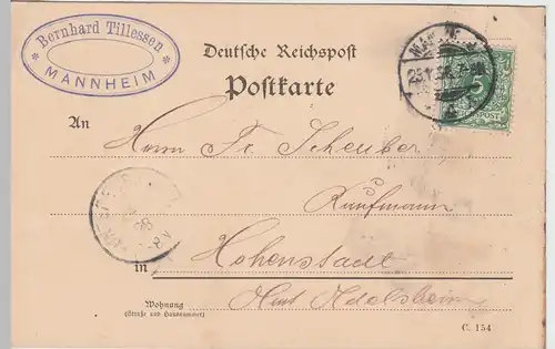 (58269) Postkarte Dt. Reichspost, Firma Bernhard Tillessen Mannheim 1898