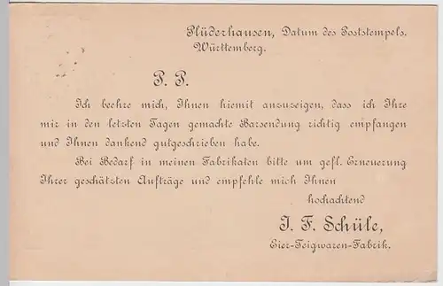 (58265) Postkarte DR v. Fabrik J.F. Schüle, Stempel Plüderhausen 1909