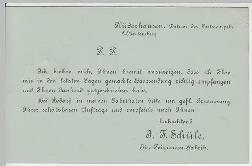 (58264) Postkarte DR v. Fabrik J.F. Schüle, Stempel Plüderhausen 1903