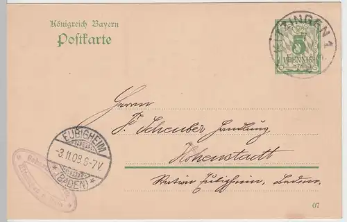 (58263) Ganzsache Bayern v. Sebastian Borth, Stempel Kitzingen 1 1908