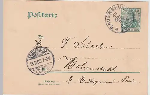 (58260) Ganzsache DR v. Spinnerei Schornreute, Stempel Ravensburg 1903