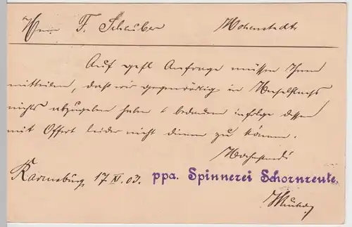(58260) Ganzsache DR v. Spinnerei Schornreute, Stempel Ravensburg 1903