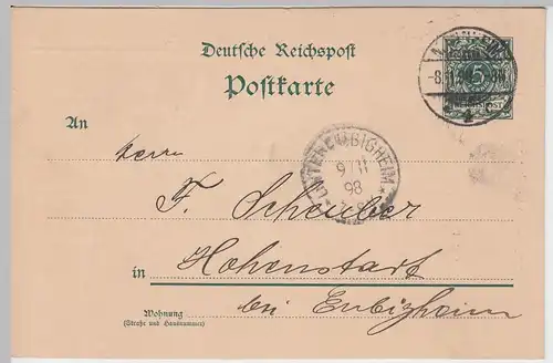 (58258) Ganzsache Reichspost v. Jacob Hirsch & Söhne, Stempel Mannheim 1898