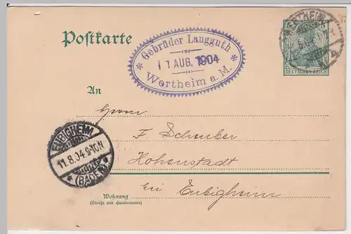(58252) Ganzsache Reichspost v. Gebr. Langguth, Stempel Werthheim 1904