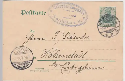 (58251) Ganzsache Reichspost v. Gebr. Langguth, Stempel Werthheim 1903