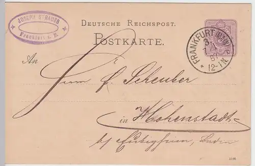 (58248) Ganzsache Reichspost v.Joseph Strauss, Stempel Frankfurt (Main) 1887