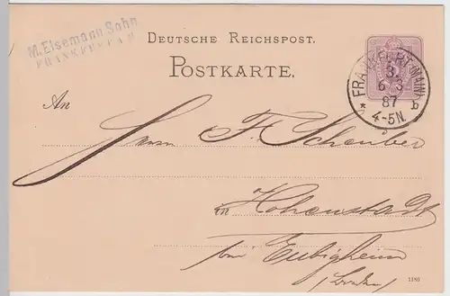 (58233) Ganzsache Reichspost v. M. Eisemann Sohn, Stempel Frankfurt (Main) 1887