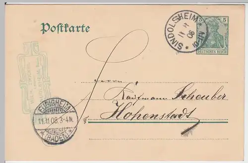 (58228) Ganzsache DR v. Lehrer Wilhelm Zwickel, Stempel Sindolsheim 1908