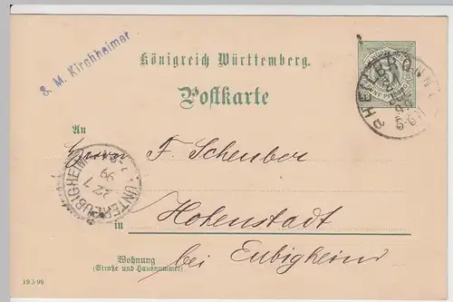 (58219) Ganzsache Württemberg v. S.M. Kirchheimer, Stempel Heilbronn 1899