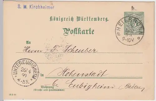 (58217) Ganzsache Württemberg v. S.M. Kirchheimer, Stempel Heilbronn 1899