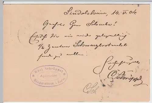 (58207) Ganzsache DR v. Apotheker Karl Schröppel, Stempel Sindolsheim 1904