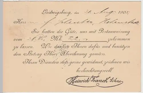 (58203) Ganzsache DR v. Heinrich Franck Söhne, Stempel Ludwigsburg 1905