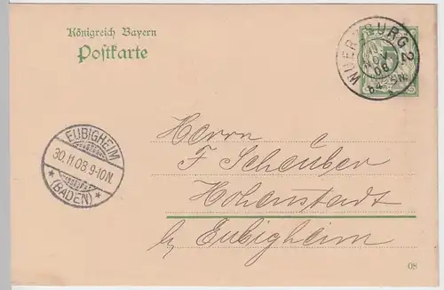 (58196) Ganzsache, Bayern, von Pet. Jos. Erker, Stempel Würzburg 2 1908