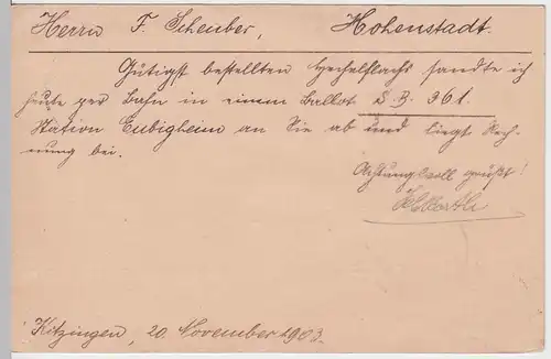 (58181) Ganzsache, Bayern, Stempel Kitzingen 1 1903