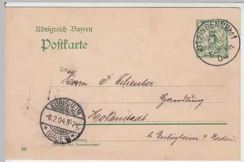 (58180) Ganzsache, Bayern, Stempel Kitzingen 2 Bhof 1904