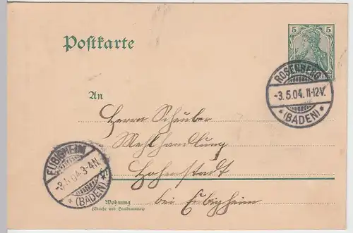 (58148) Ganzsache, DR, Stempel Rosenberg (Baden) 1904