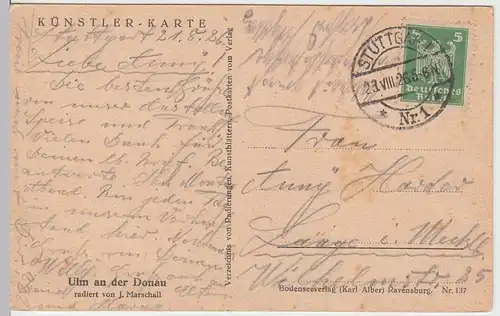 (57537) Künstler AK J. Marschall, Ulm, Donau, Stadtansicht, Münster 1926