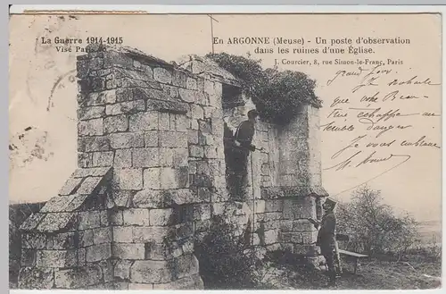 (57394) AK Argonnen, 1. WK, zerstörte Kirche, Observationsposten 1916