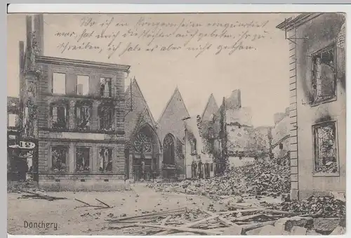 (57391) AK Donchery, 1. WK, zerstörtes Postamt und Kirche, Feldpost 1915