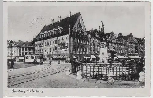 (55749) AK Augsburg, Weberhaus, Merkurbrunnen, Straßenbahn 1943