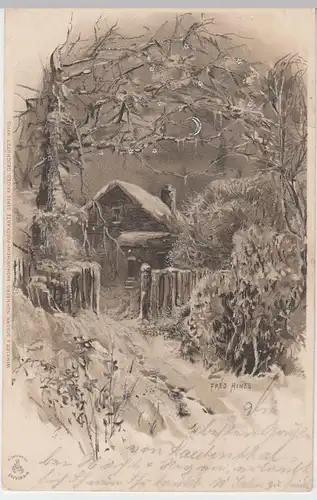 (55513) Künstler AK Fred Hines, Mondscheinkarte, Haus im Schnee 1907