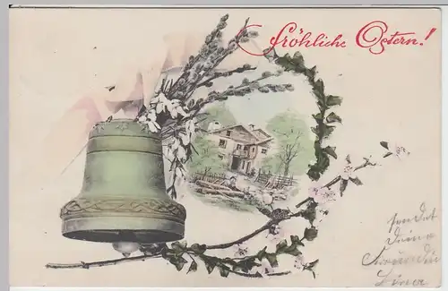 (55472) AK Fröhliche Ostern, Glocke, Haus unter Bäumen 1907