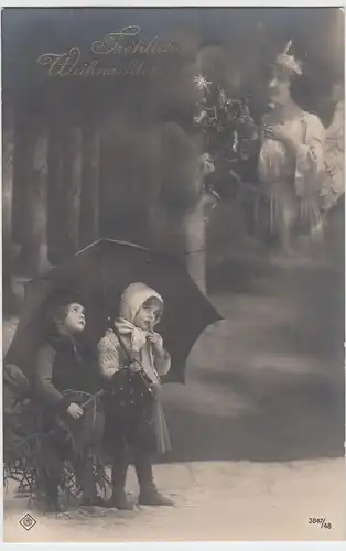 (55463) Foto AK Fröhliche Weihnachten, Kinder unter Schirm, Engel, v. 1945