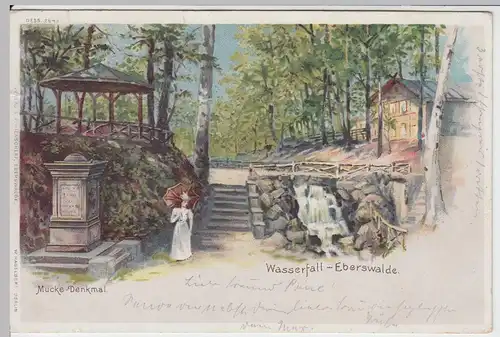(55409) AK Eberswalde, Wasserfall, Mücke-Denkmal 1898