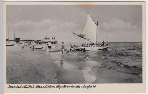 (52535) AK Ostseebad Ahlbeck, Heringsdorf, Strand, Segelboot Berlin 1958