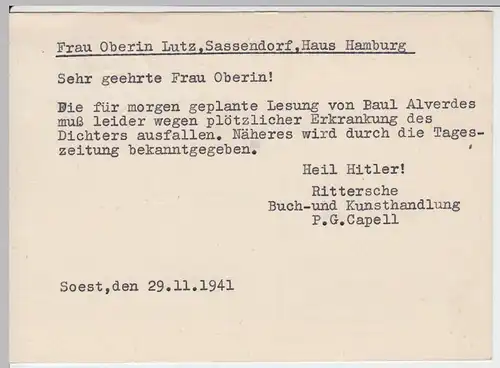 (51563) Postkarte d. Rittersche Buchhandlung Capell, Soest 1941