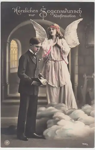 (51383) Foto AK Segenswunsch z. Konfirmation, Junge mit Engel, 1920er
