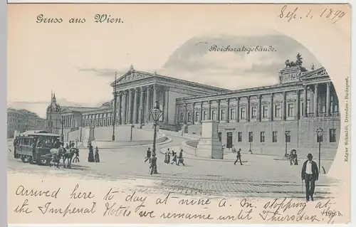 (51030) AK Gruss aus Wien, Reichsratsgebäude, Pferdebahn 1899