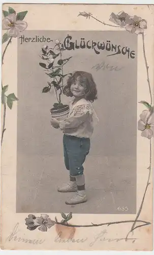 (50557) AK Herzliche Glückwünsche, Kind mit Blumentopf, vor 1905