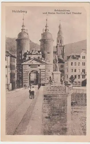 (50172) AK Heidelberg, Brückentürme u. Statue Kurfürst Karl Theodor, vor 1945