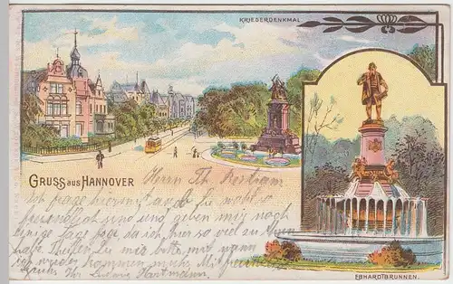 (50061) AK Gruss aus Hannover, Kriegerdenkmal, Ebhardbrunnen, Litho 1904