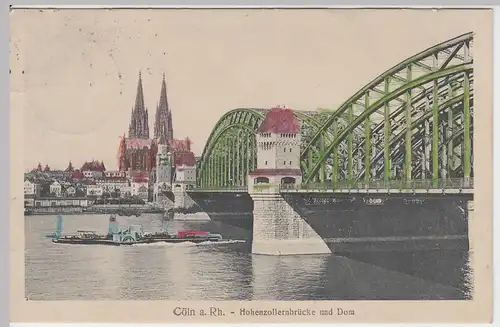 (49647) AK Köln, Hohenzollernbrücke, nachträglich privat coloriert, 1917