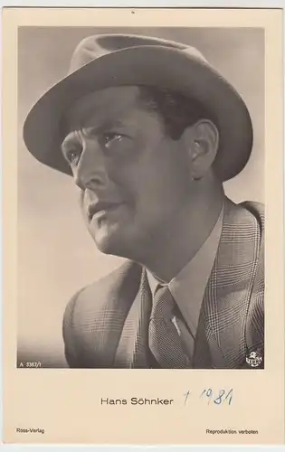 (49484) Foto AK Schauspieler Hans Söhnker, Ross Verlag, vor 1945