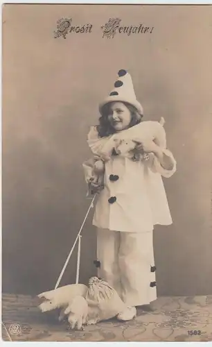 (49207) Foto AK Prosit Neujahr, Mädchen als Harlekin, Schweinchen a.d. Leine