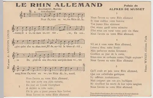 (49193) AK Liedkarte "Le Rhin Allemand" mit Noten, vor 1945