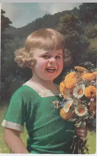 (49174) AK kleines Mädchen, Blondlöckchen mit Blumenstrauß, 1925