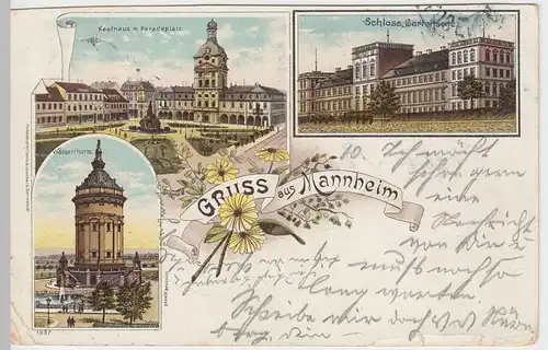(48669) AK Gruß aus Mannheim, Wasserturm, Kaufhaus, Paradeplatz 1897