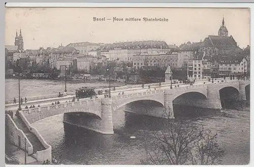 (48499) AK Basel, Neue mittlere Rheinbrücke, Straßenbahn 1907