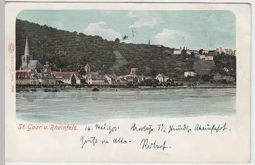 (48385) AK St. Goar, Ortsansicht mit Burg Rheinfels, Bahnpost 1901