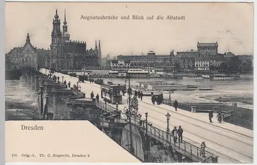 (48279) AK Dresden, Augustusbrücke, Straßenbahn, Hotel Bellevue, vor 1945