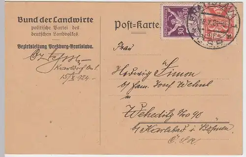 (48179) Postkarte Bund d. Landwirte, Bezirksleitung Preßburg-Bratislava 1924